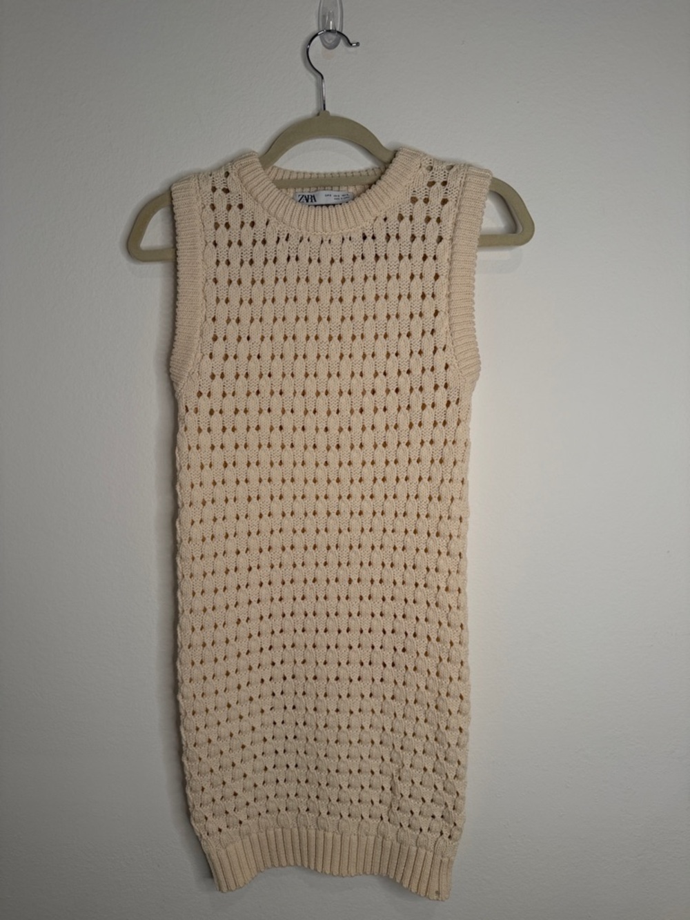 Zara Cream Open Knit Net Dress Bodycon Sleeveless Mini Size S